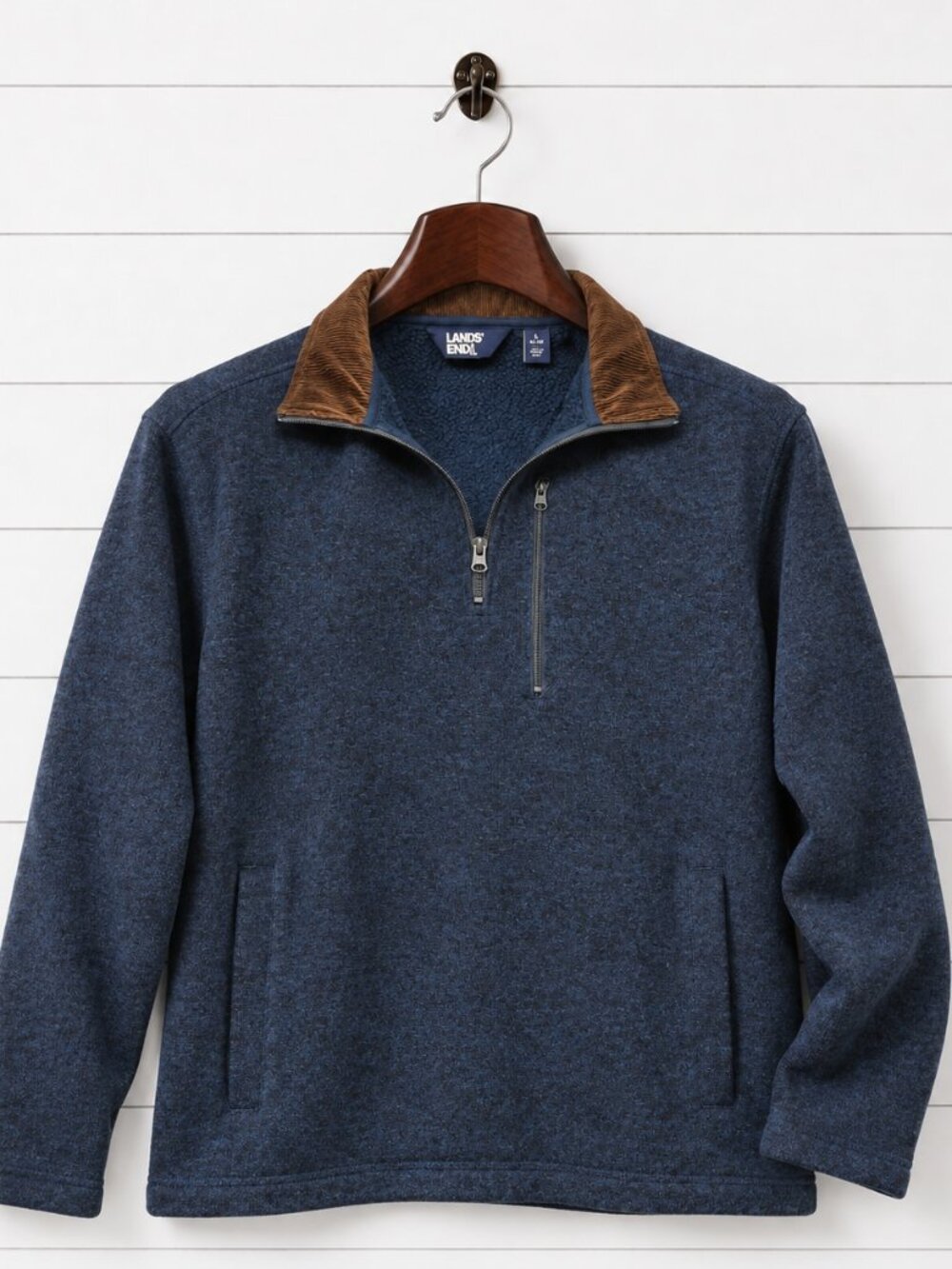 Lands' End Men's Navy Quarter Zip Pullover Sweater Corduroy Collar Large